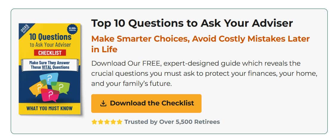 Promotional Graphic For A Checklist: 10 Questions To Ask Your Adviser, With A Free ER eBook To Help Over-65s Make Wiser Money Choices.