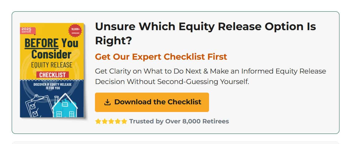 Equity Release Checklist Banner With Booklet Image, Helpful Info, Download Button, And 5-Star Rating From 8,000+ UK Retirees.