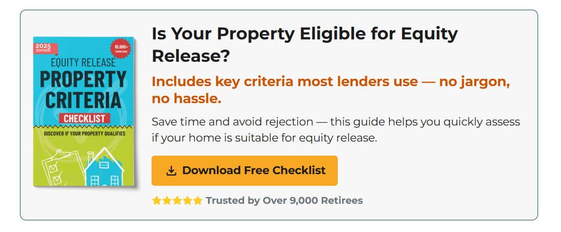 Equity Release Checklist Banner With Booklet Cover, Download Button, Key Property Benefits Highlighted, And 5-Star Retiree Rating.