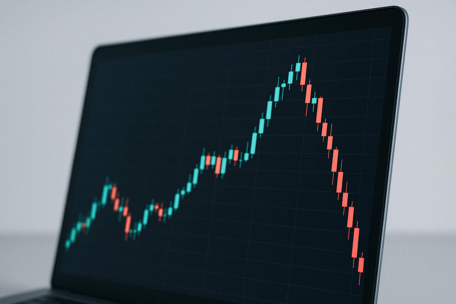 Computer Screen Showing a Candlestick Chart with Prices Rising Sharply then Dropping, Demonstrating Changes in the Market Value.