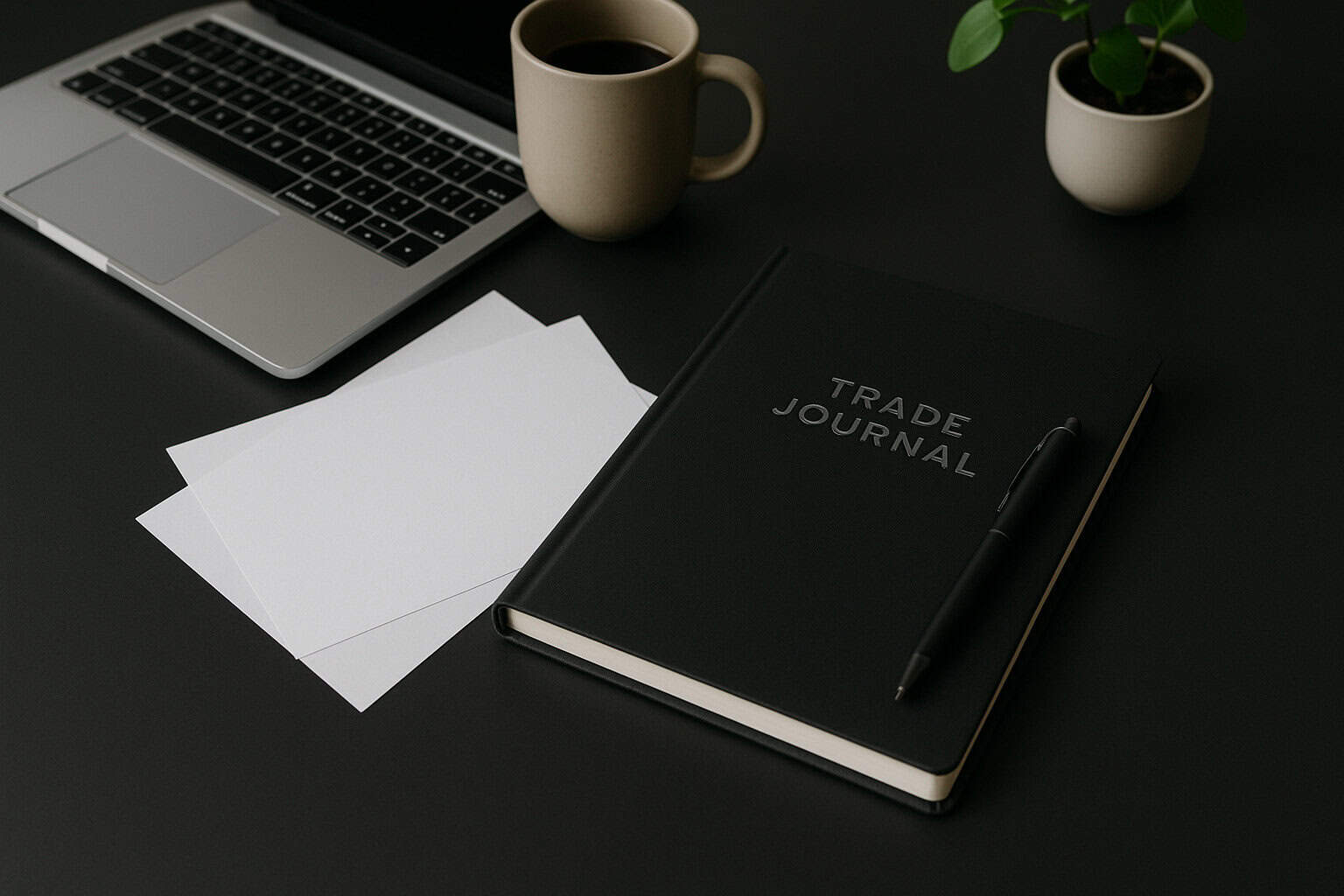 A Black Trade Journal With Pen, Blank Papers, Laptop, Coffee, And Plant On A Desk—Ideal For Easy Home Investment Planning.